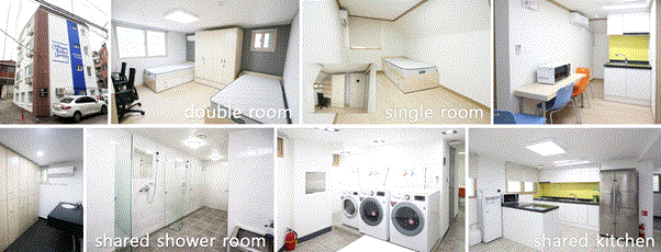 International house exterior, indoor, shower room, laundry room, kitchen